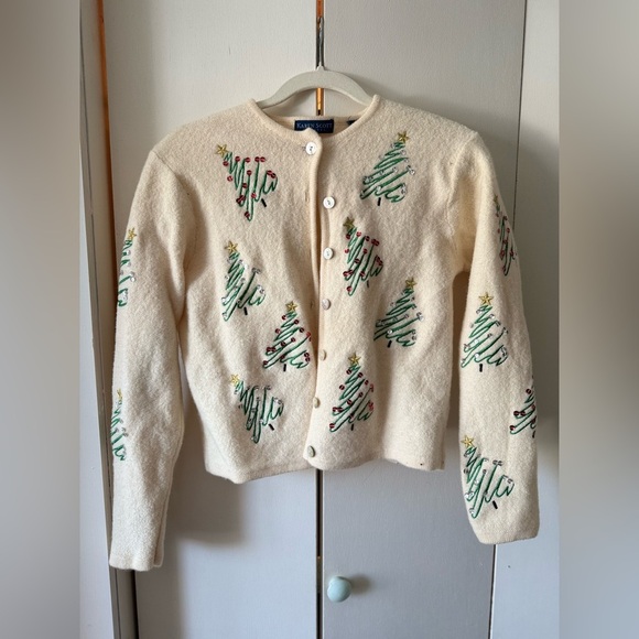 Karen Scott Sweaters - Karen Scott Cream Cardigan w Tree Design - Vintage Christmas Sweater 100% Wool